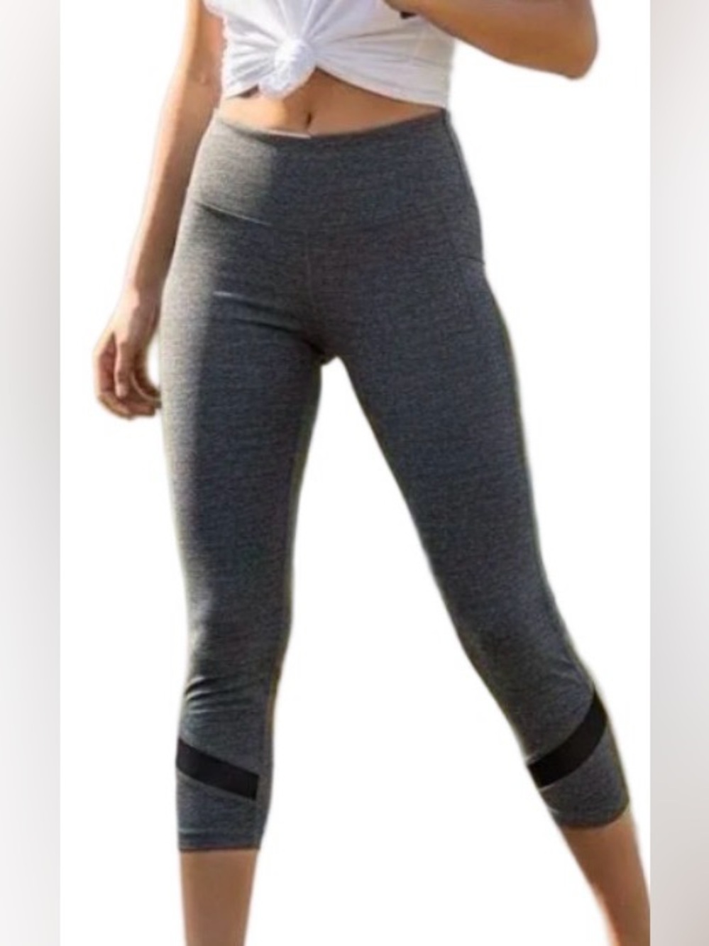 Calvin Klein Gray Capri Leggings with Black Mesh Varsity Stripes